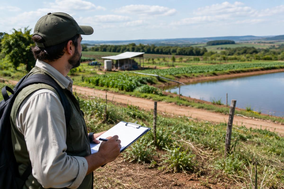 Especialista realizando vistoria ambiental em propriedade rural