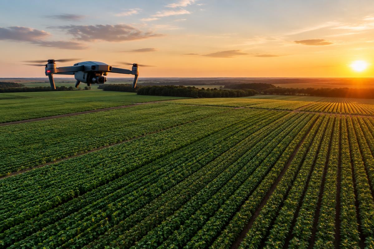 Drone profissional realizando mapeamento de lavoura