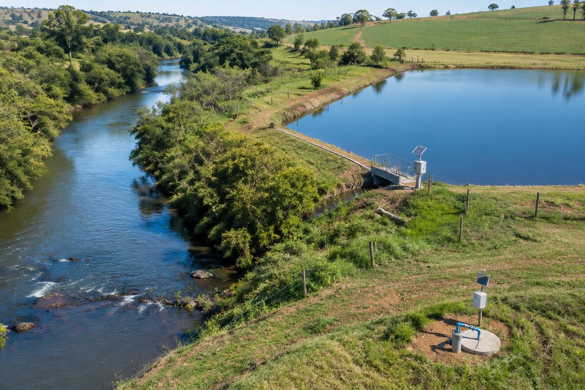 Rio e reservatório monitorados em uma propriedade rural