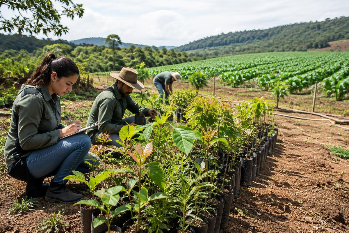 Equipe técnica trabalhando com mudas em projeto agroflorestal