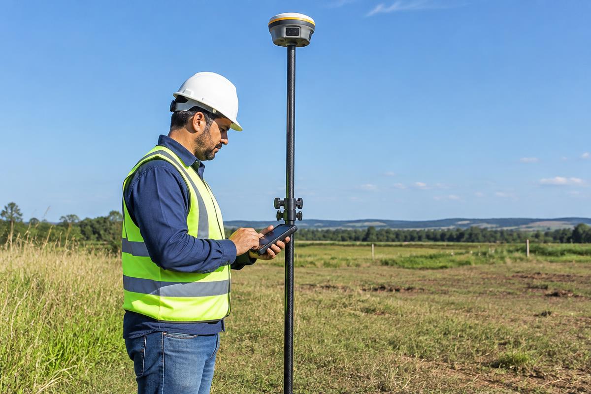 Agrimensor operando receptor GNSS RTK em campo